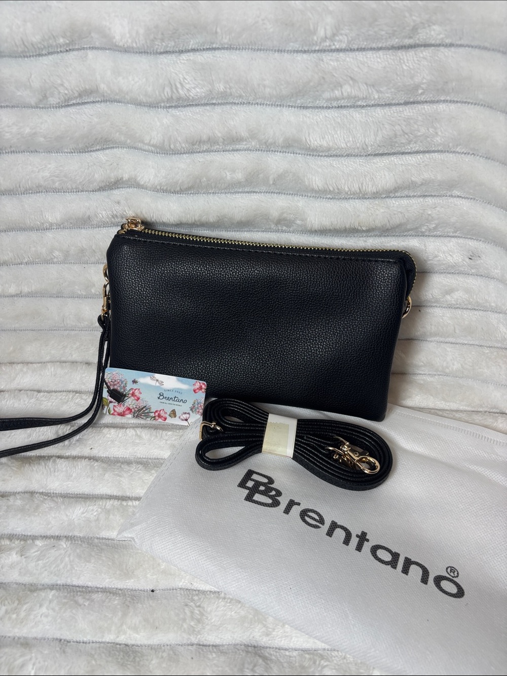 Brentano Black Pebbled Leather Crossbody Wristlet NWT